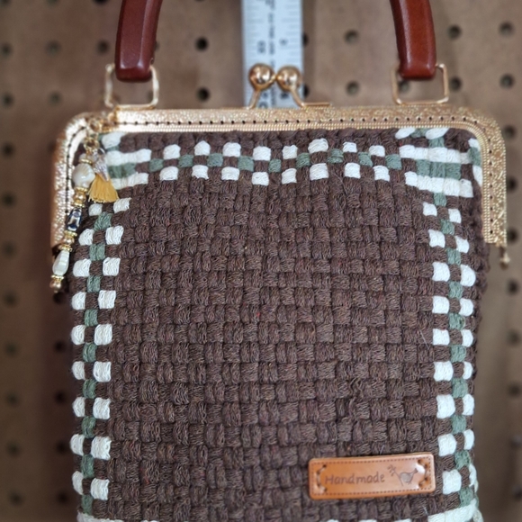 Hand Crafted Handbags - Brown Woven Top-Handle Bag with Cream & Green Trim